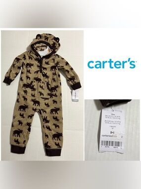 🆕CARTER’S - 12M - NWT - INFANT BOYS BROWN MOOSE HOODED FLEECE COVERALL
